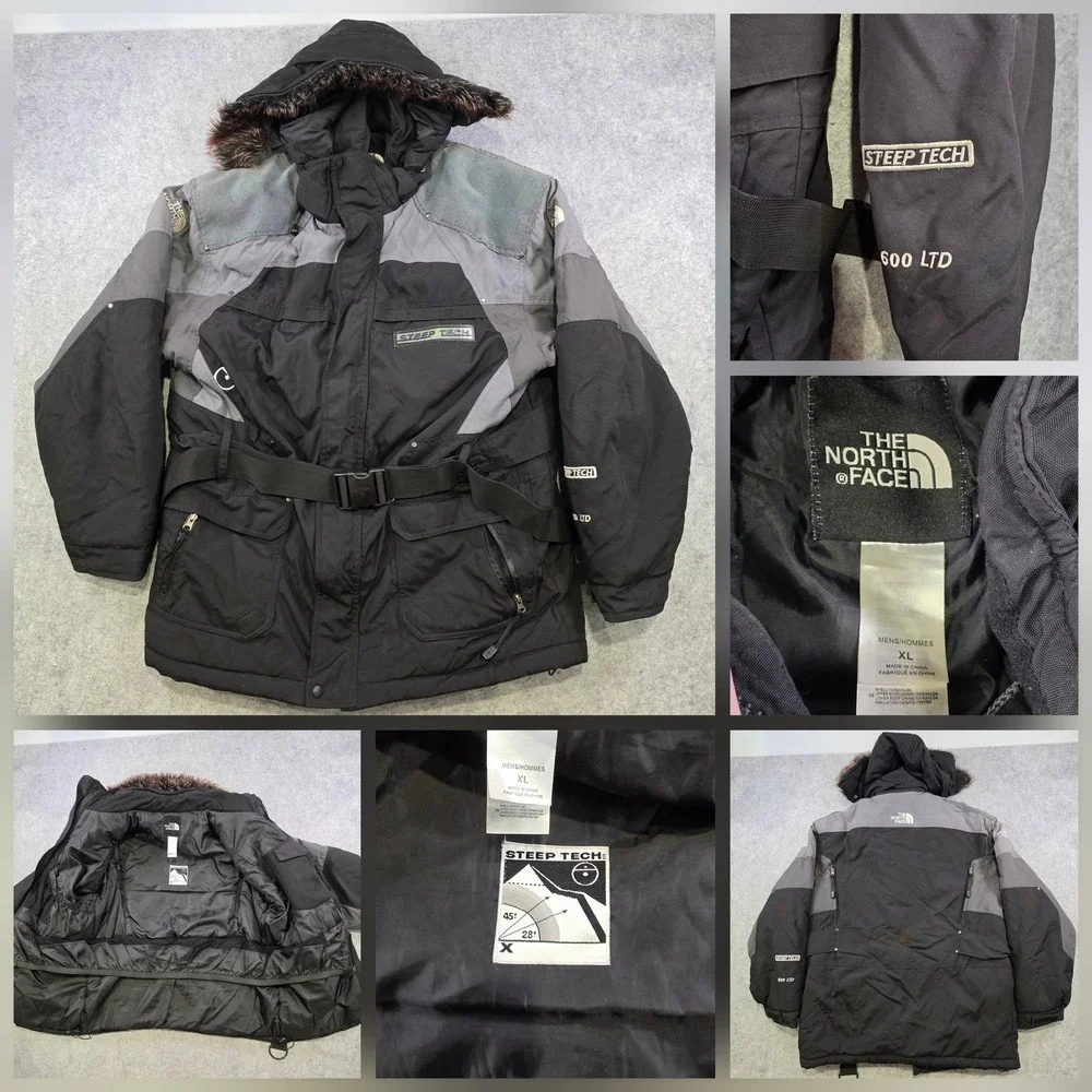 The North Face Steep Tech 600 LTD Jacket Mens XL Black Hooded Belted Ski Parka
